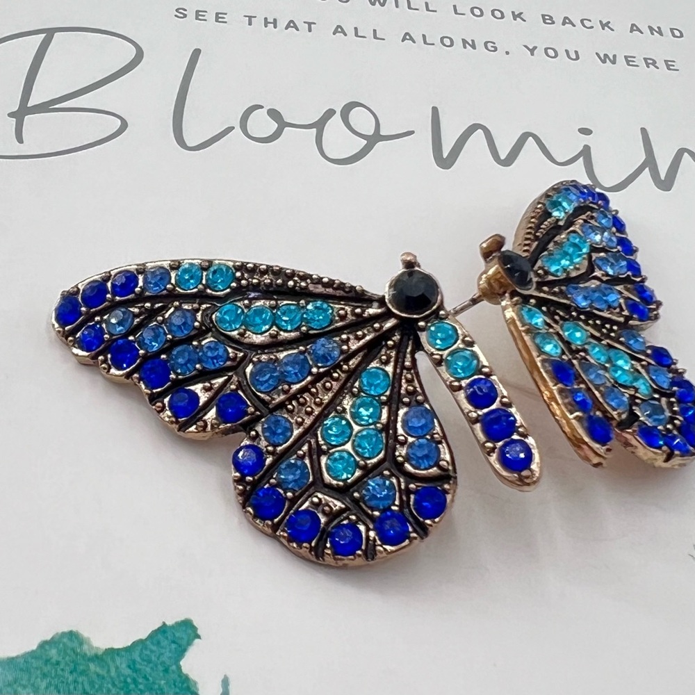 Earring Blue Butterfly Wing Rhinestone Post - Picture 2 of 8
